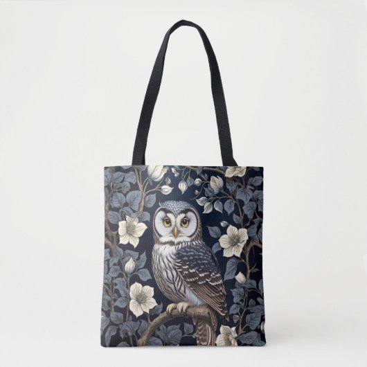 Cute Northern Saw-Whet Owl And Moonflowers On Navy トートバッグ (正面)