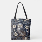Cute Northern Saw-Whet Owl And Moonflowers On Navy トートバッグ (裏面)