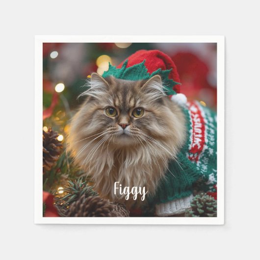 Cute Norwegian Forest Cat Christmas Personalized  スタンダードカクテルナプキン (正面)
