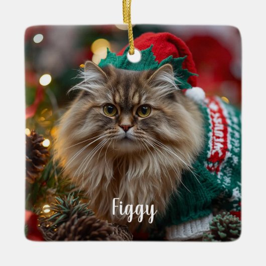 Cute Norwegian Forest Cat Christmas Personalized  セラミックオーナメント (正面)