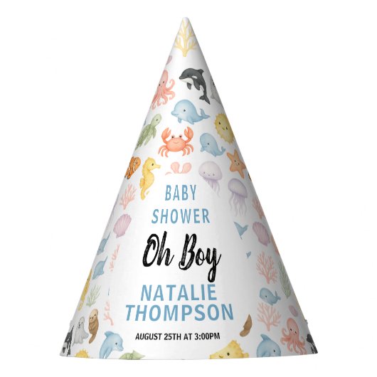 Cute Ocean Under the Sea Animal Baby Shower パーティーハット (正面)
