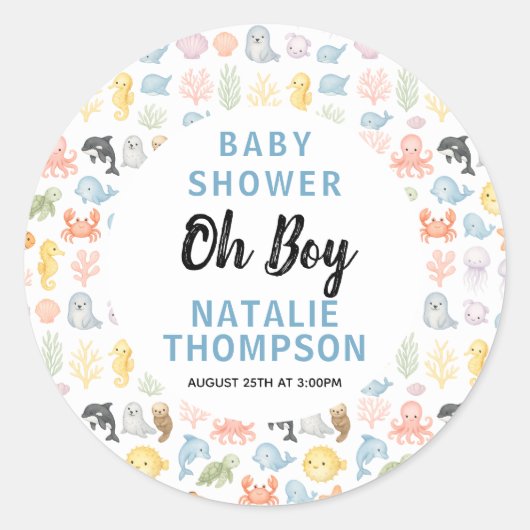 Cute Ocean Under the Sea Animal Baby Shower ラウンドシール (正面)