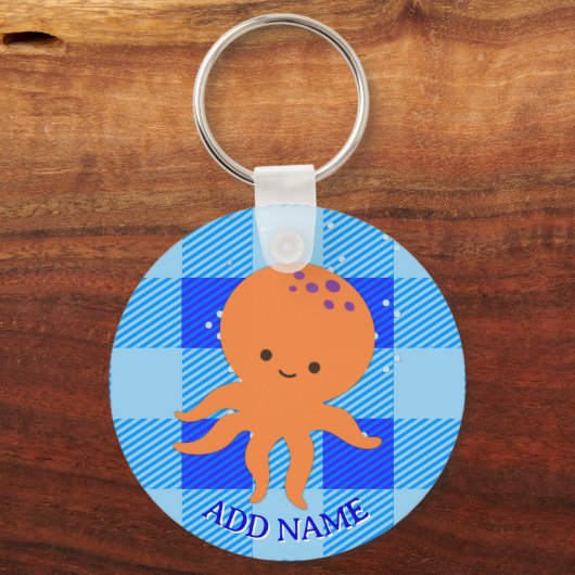 Cute Octopus Cartoon Blue Plaid Custom Name キーホルダー (裏面)