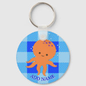 Cute Octopus Cartoon Blue Plaid Custom Name キーホルダー (裏面)