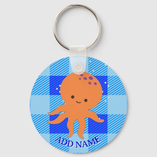 Cute Octopus Cartoon Blue Plaid Custom Name キーホルダー (裏面)