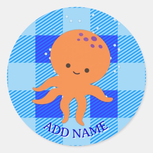 Cute Octopus Cartoon Blue Plaid Custom Name ラウンドシール (正面)