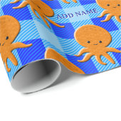 Cute Octopus Cartoon Blue Plaid Custom Name ラッピングペーパー (ロールコーナー)