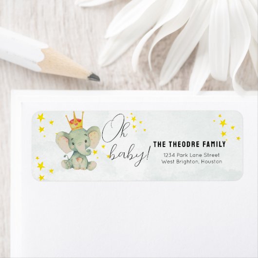 Cute Oh Baby Gender Neutral Elephant Baby Shower ラベル (インサイチュ)