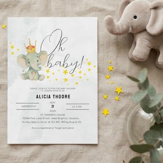 Cute Oh Baby Gender Neutral Elephant Baby Shower  招待状