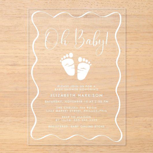 Cute Oh Baby Wavy Frame Baby Shower アクリル招待状 (正面)