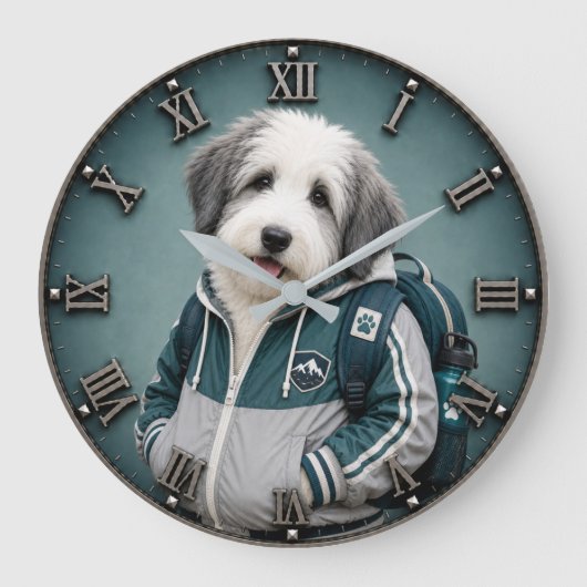 Cute Old English Sheepdog Puppy ラージ壁時計 (正面)