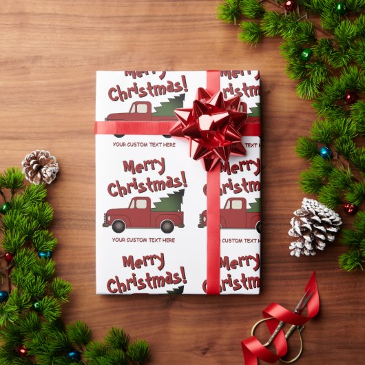 Cute old red truck with Christmas tree custom ラッピングペーパー (クリスマスギフト)