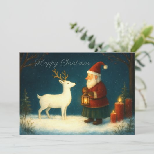 Cute Olde World Santa Illustration with White Deer カード (スタンド正面)