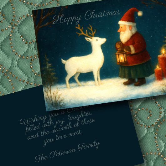 Cute Olde World Santa Illustration with White Deer カード
