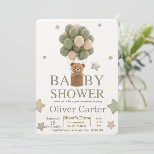Cute Olive Green Boy Baby Shower Invitation 招待状 (スタンド正面)