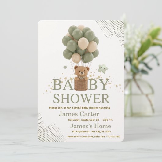 Cute Olive Green Boy Baby Shower Invitation 招待状 (スタンド正面)
