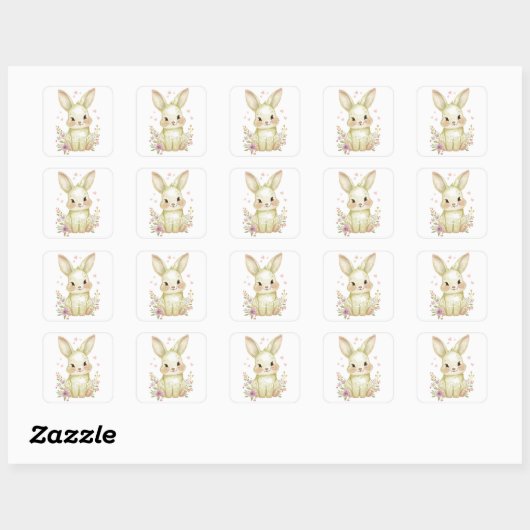 Cute Olive Green Bunny Party Theme Pastel Floral スクエアシール (シート)