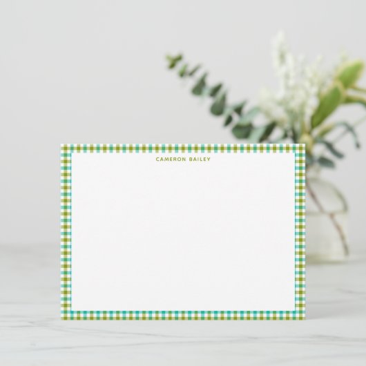 Cute Olive Green Teal Gingham Plaid Personalized ノートカード (スタンド正面)