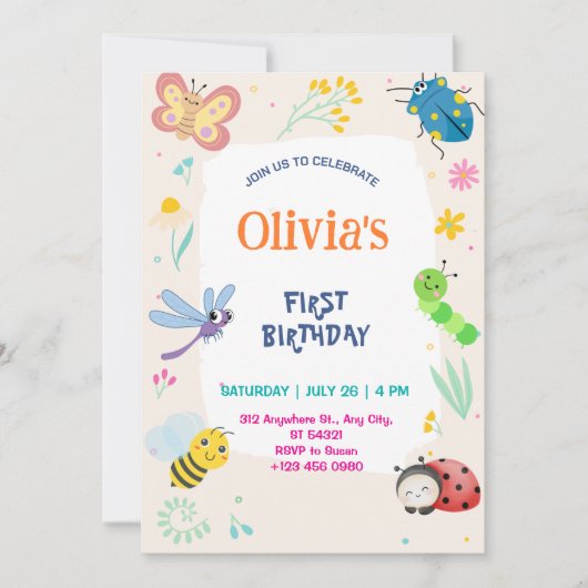 Cute One Bug & Butterflies 1st Birthday Invitation 招待状 (正面)