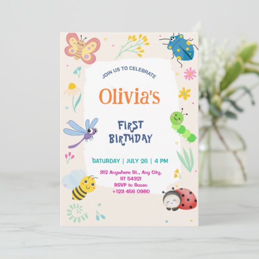 Cute One Bug & Butterflies 1st Birthday Invitation 招待状 (スタンド正面)