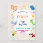 Cute One Bug & Butterflies 1st Birthday Invitation 招待状 (正面/裏面)