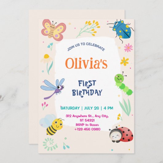 Cute One Bug & Butterflies 1st Birthday Invitation 招待状 (正面/裏面)