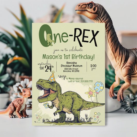 Cute One-Rex Dinosaur Cartoon 1st Birthday Party 招待状