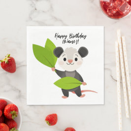 Cute Opossum Green Leaves & Happy Birthday スタンダードランチョンナプキン