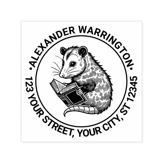 Cute Opossum Reading Book Name Return Address セルフインキングスタンプ (デザイン)