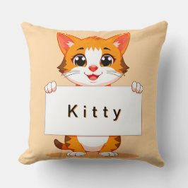Cute Orange Cat Holding a Blank Signboard クッション