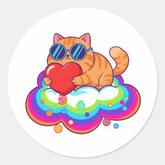 Cute Orange Cat Holding Red Heart on Rainbow Cloud ラウンドシール