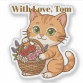Cute Orange Cat & Spring Flowers: Die-Cut Sticker シール (正面)
