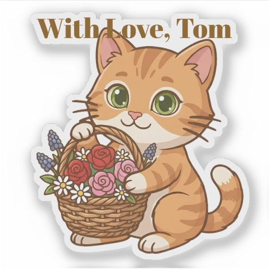 Cute Orange Cat & Spring Flowers: Die-Cut Sticker シール (正面)