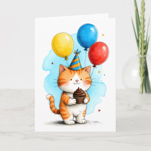 Cute Orange Cat with Cupcake Kid's Happy Birthday カード (正面)