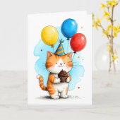 Cute Orange Cat with Cupcake Kid's Happy Birthday カード (黄色い花)