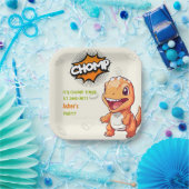 Cute Orange Dinosaur Birthday Party Square ペーパープレート (パーティー)