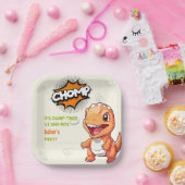 Cute Orange Dinosaur Birthday Party Square ペーパープレート (パーティー)