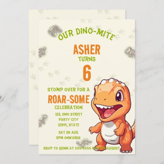Cute Orange Dinosaur T-Rex Birthday Invite 招待状 (正面/裏面)