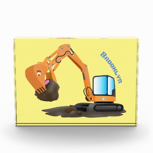 Cute orange excavator digger cartoon フォトブロック (正面)
