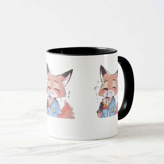 Cute Orange Fox Drinking Juice Mug – Fun Animal Lo マグカップ (正面右)