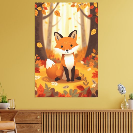 Cute orange fox in autumn forest nursery forest ar キャンバスプリント (インサイチュ (リビング))