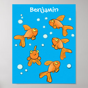 Cute orange goldfish on blue cartoon illustration ポスター