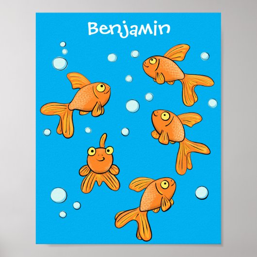 Cute orange goldfish on blue cartoon illustration ポスター (正面)