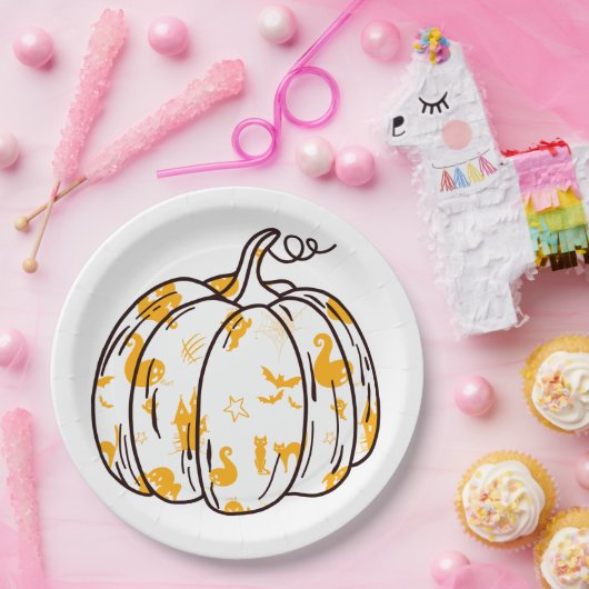 Cute Orange Halloween Icons in Pumpkin ペーパープレート (パーティー)