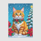 Cute Orange Kitty Cat and Poinsettia Christmas 薄葉紙 (正面)