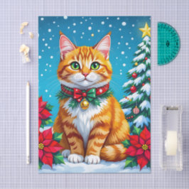 Cute Orange Kitty Cat and Poinsettia Christmas 薄葉紙