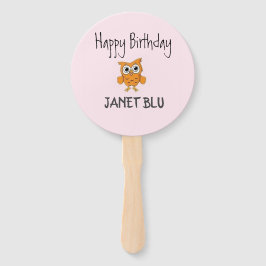 Cute orange owl happy birthday on pink ハンドファン