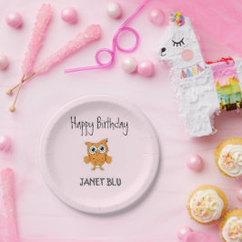 Cute orange owl happy birthday on pink ペーパープレート