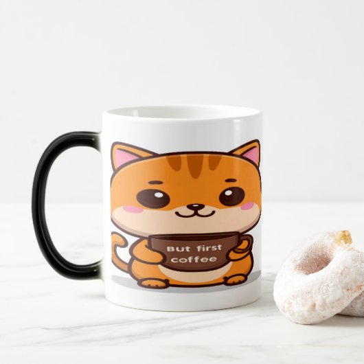 Cute Orange Tabby But First Coffee モーフィングマグカップ (ドーナツ)