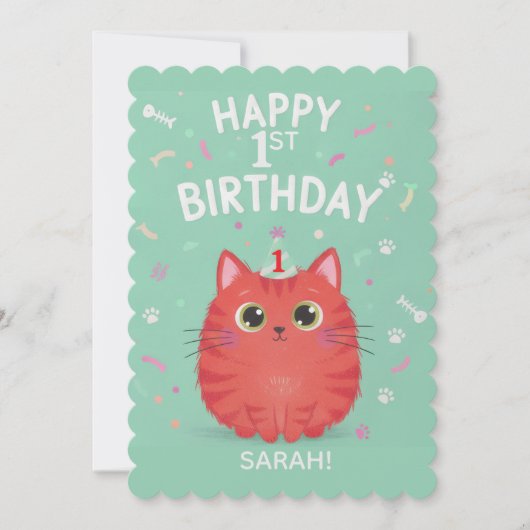 Cute Orange Tabby Cat 1st Birthday | Customizable  招待状 (正面)